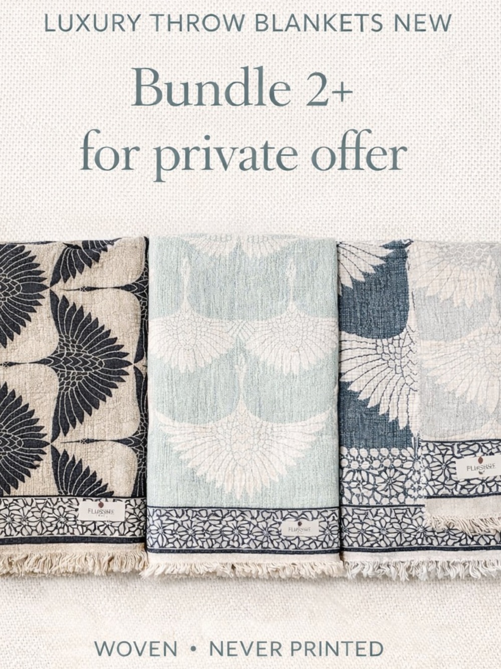 Modern Cranes Woven Throw Blanket Luxury Cotton 2 Side 55 x 75 NEW Navy + Gray